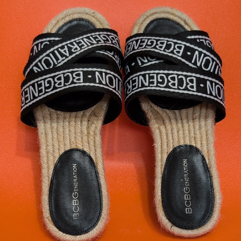 BCBGeneration Black and Tan Logo Slide Sandals